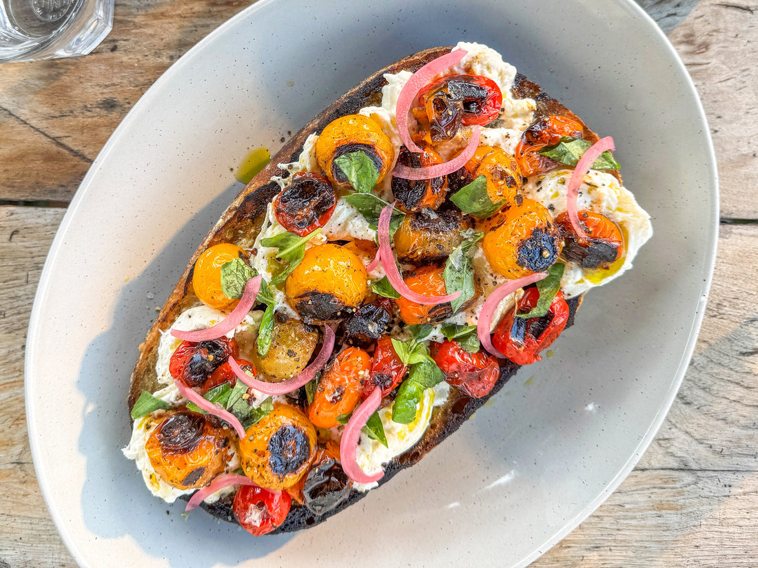 Blistered Tomatoes with Burrata on Toast | Thaan Charcoal Recipe