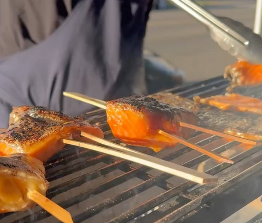 Chef Jeffrey Kim Grilling Salmon Collar over Thaan Charcoal