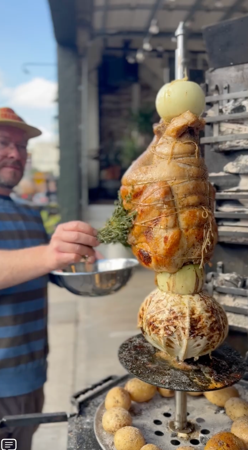 Charcoal-Rotisserie Turkey with Pineapple Brine, Haitian Spice & Dripping-Roasted Potatoes