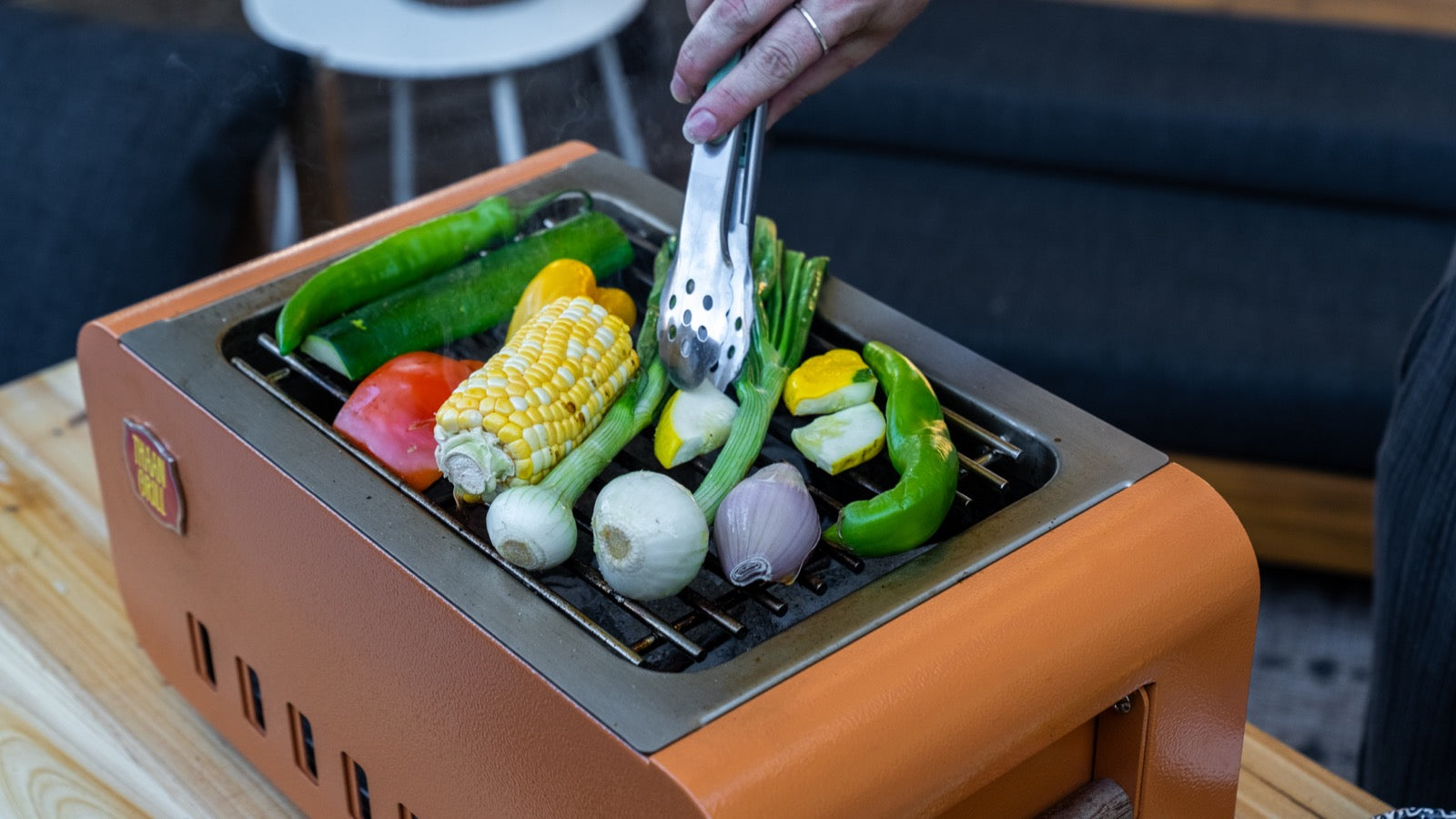 Crisp-skinned chicken and blistered vegetables